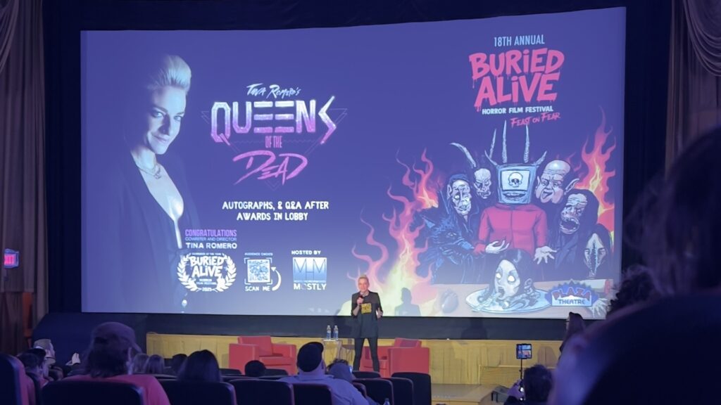 Tina Romero answering audience questions about her LGBTQ+ zombie film at BAFF Atlanta