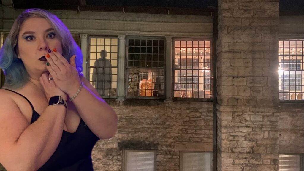 Host Becky clutches her pearls in shock as she looks back at her studio, and sees a shadowy figure moving in a lit room she swears was empty and dark a few seconds before and afterwards.