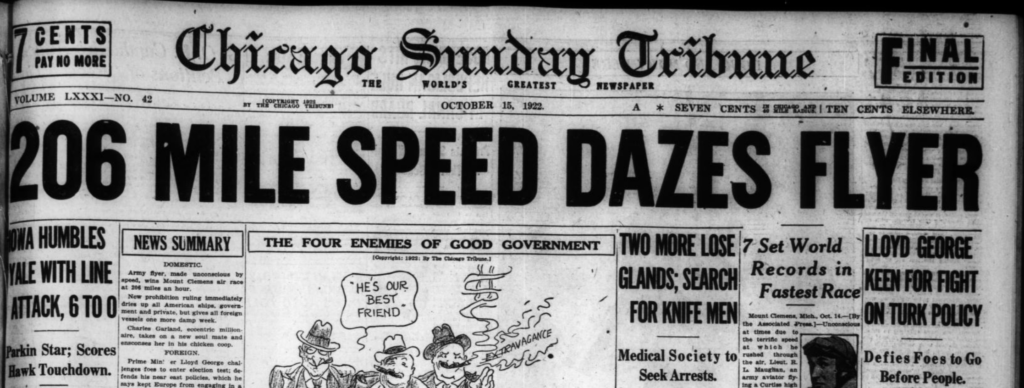 Chicago Sunday Tribune newspaper front page, from October 15, 1922, with the headline "two more lose glands; search for knife men"