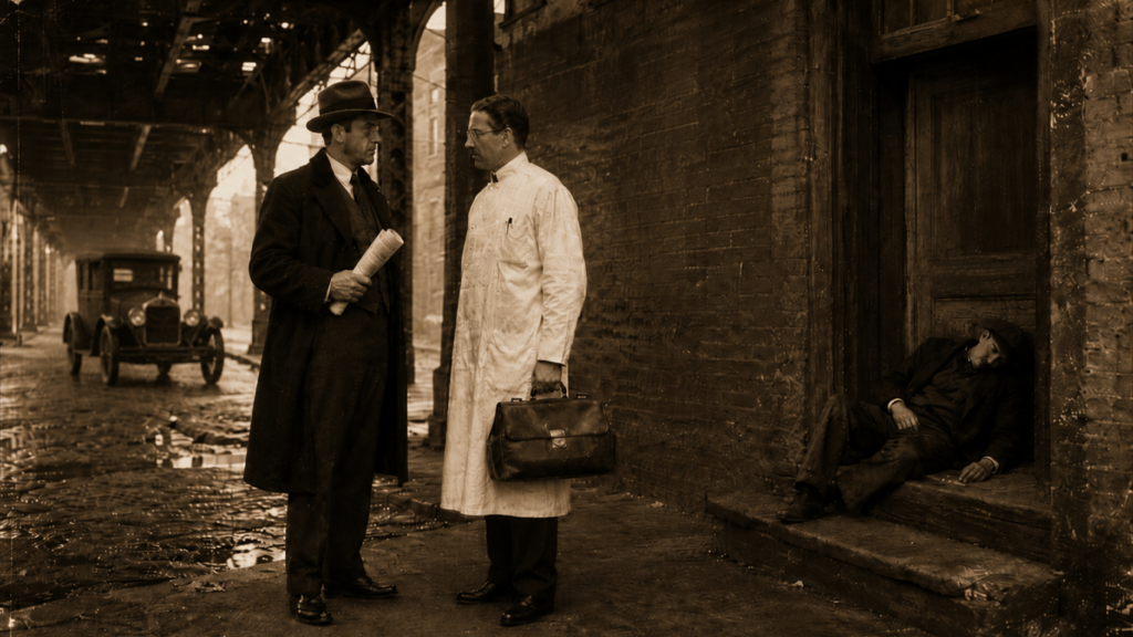 The background of this antique, sepia-toned photograph shows the rainy, puddled area below a dark steel Chicago viaduct. A mobster in a trench coat and fedora who is holding a newspaper speaks with a bespectacled doctor in a long white lab coat who is carrying a leather medical bag. The older white men's eyes are locked, their serious expressions suggesting that a shady business transaction hangs in the balance. An unconscious younger white man dressed in modest clothing lies passed-out in the doorway of a nearby brick building. A boxy early automobile with skinny tires waits on the pocked cobblestone beneath the viaduct. The fabricated historical scene lends dark, dramatic flair to our unusual true crime story about a very brief rash of stolen testicles that terrified Chicagoans in the so-called "gland larceny" spate from 1922-1923. This alt text is dedicated to my new friend Brooke!